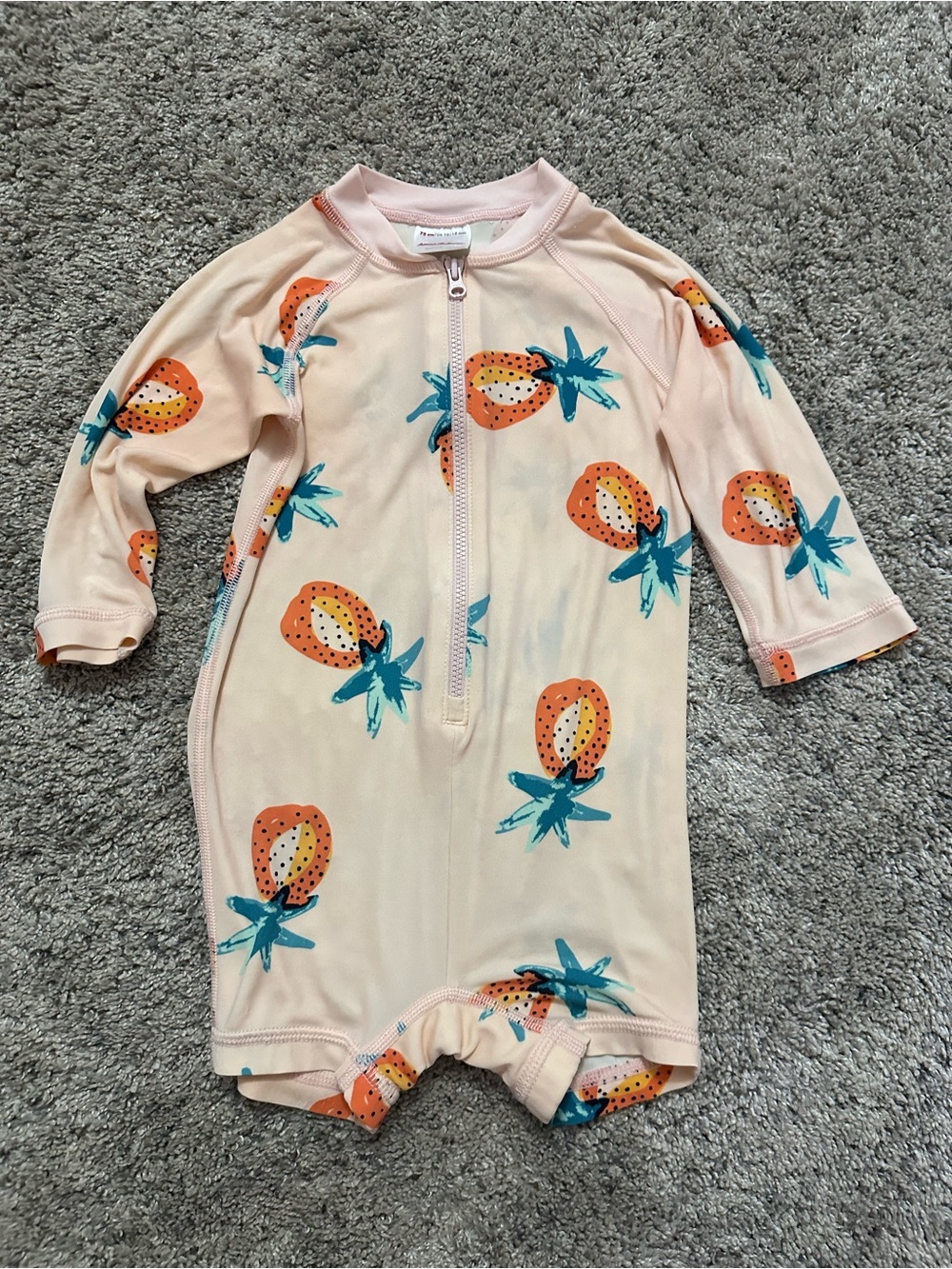 Hanna Andersson Peach Rashguard One-Piece with Orange & Teal Strawberry Print